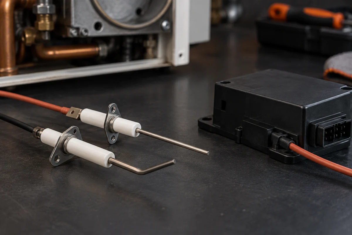 Illustration of boiler ignition electrodes and control module